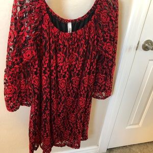 Red and black lace top with black liner